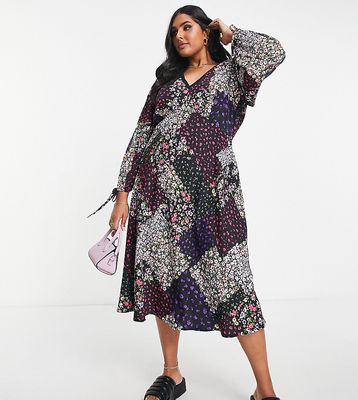Yours tie sleeve midi dress in mixed floral print-Black