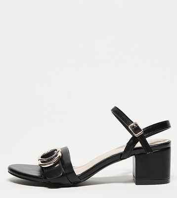 Yours Wide Fit buckle detail block heeled sandal in black