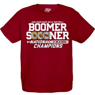 Youth Blue 84 Crimson Oklahoma Sooners Three-Peat NCAA Softball Women's College World Series Champions T-Shirt