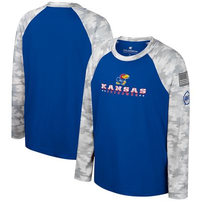 Youth Colosseum Royal/Camo Kansas Jayhawks OHT Military Appreciation Dark Star Raglan Long Sleeve T-Shirt