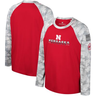 Youth Colosseum Scarlet/Camo Nebraska Huskers OHT Military Appreciation Dark Star Raglan Long Sleeve T-Shirt