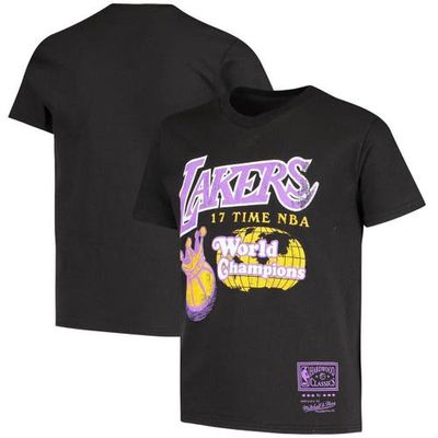 Youth Mitchell & Ness Black Los Angeles Lakers Hardwood Classics 17x World Champs T-Shirt