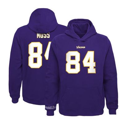 Youth Mitchell & Ness Randy Moss Black Minnesota Vikings Retired Player Name & Number Fleece Pullover Hoodie in Purple