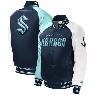 Youth Starter Deep Sea Blue Seattle Kraken Raglan Full-Snap Varsity Jacket in Navy