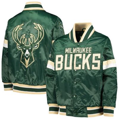 Youth Starter Hunter Green Milwaukee Bucks Home Game Varsity Satin Full-Snap Jacket