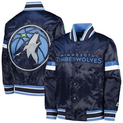 Youth Starter Navy Minnesota Timberwolves Home Game Varsity Satin Full-Snap Jacket