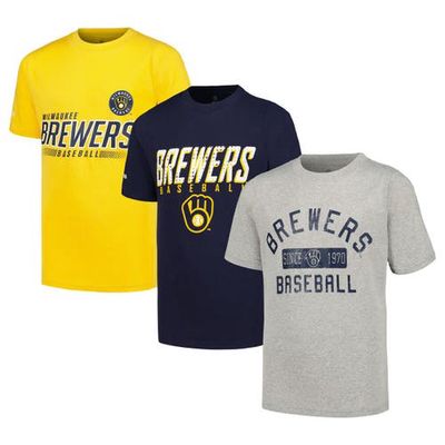 Youth Stitches Heather Gray/Navy/Gold Milwaukee Brewers Three-Pack T-Shirt Set