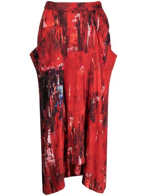 Y's painterly-print draped skirt - Red