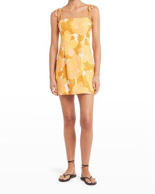 Ysla Shoulder-Tie Floral Linen Mini Dress