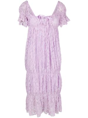 yuhan wang floral flocked tiered dress - Purple