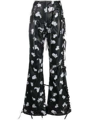 yuhan wang floral-print faux-leather flared trousers - Black