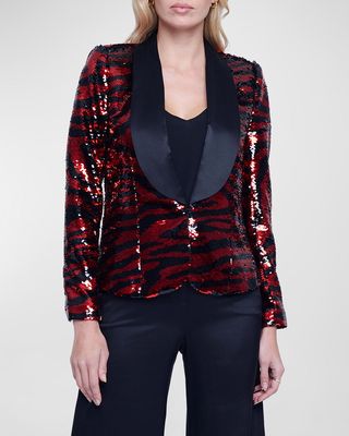 Yuna Sequin-Embellished Zebra Shawl-Collar Blazer