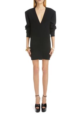 Yves Saint Laurent Deep V-Neck Long Sleeve Wool Minidress in Noir