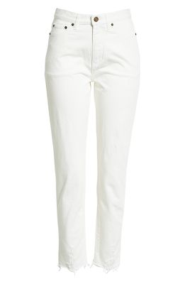Yves Saint Laurent High Waist Destroyed Hem Carrot Fit Jeans in Vintage White