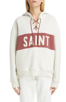 Yves Saint Laurent Lace-Up Logo Hoodie in Dirty Creme/Bordeaux