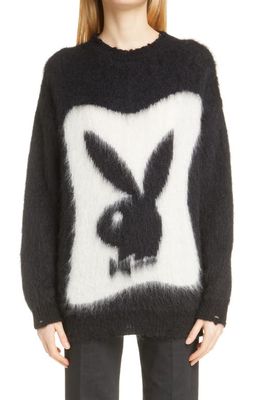 Yves Saint Laurent Oversize Playboy Intarsia Mohair Blend Sweater in Noir/Naturel