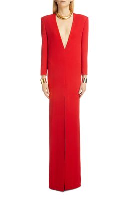 Yves Saint Laurent Plunge Neck Long Sleeve Crepe Satin Column Gown in Rouge
