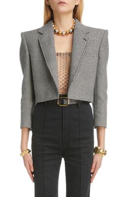 Yves Saint Laurent Prince of Wales Tweed Wool Blend Crop Jacket in Noir Craie