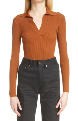 Yves Saint Laurent Rib Long Sleeve Polo in Caramel