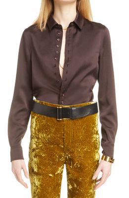 Yves Saint Laurent Slim Fit Silk Button-Up Blouse in Chocolat