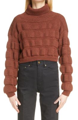 Yves Saint Laurent Stripe Crop Alpaca & Wool Turtleneck Sweater in Marron