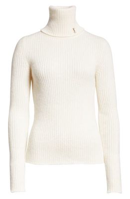 Yves Saint Laurent Tonal Monogram Wool Turtleneck Sweater in Naturel