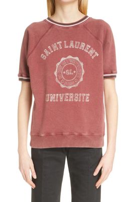 Yves Saint Laurent Université Short Sleeve Cotton Logo Graphic Sweatshirt in Pourpre Blanchi/Natu