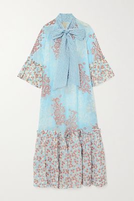 Yvonne S - Angelica Pussy-bow Tiered Printed Linen Maxi Dress - Blue