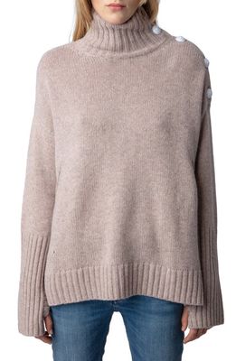 Zadig & Voltaire Alma Button Shoulder Cashmere Turtleneck Sweater in Primerose