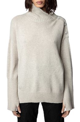 Zadig & Voltaire Alma Rhinestone Stars Metallic Thread Cashmere Blend Sweater in Mastic