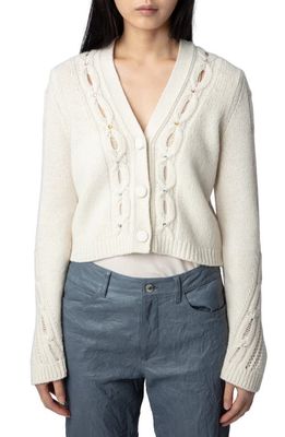 Zadig & Voltaire Barley Embellished Cable Stitch Merino Wool Cardigan in Ecru