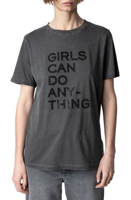 Zadig & Voltaire Bella Girls Can Do Anything Beaded Graphic Cotton Tee in Carbone