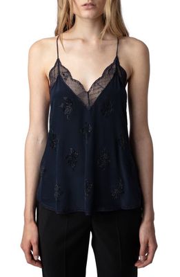 Zadig & Voltaire Christy Lace Embellished Racerback Silk Camisole in Encre