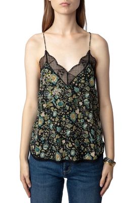 Zadig & Voltaire Christy Lace Trim Silk Camisole in Noir