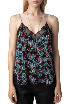 Zadig & Voltaire Christy Thunder Floral Lace Trim Silk Crêpe de Chine Camisole in Noir