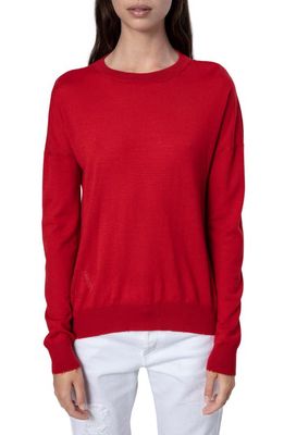 Zadig & Voltaire Cici Heart Patch Distressed Merino Wool Sweater in Rouge