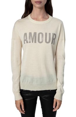 Zadig & Voltaire Gaby Amour Embellished Merino Wool Sweater in Cream