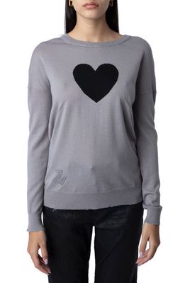 Zadig & Voltaire Gaby Intarsia Heart Wool Crewneck Sweater in Gris Chine