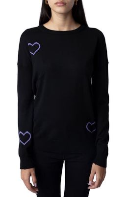 Zadig & Voltaire Gaby Intarsia Heart Wool Crewneck Sweater in Noir/Lavende
