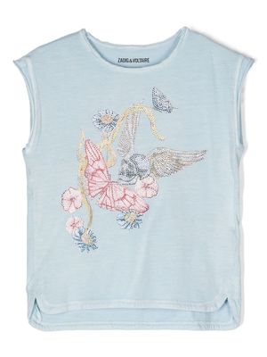 Zadig & Voltaire Kids floral-butterfly rhinestone T-shirt - Blue