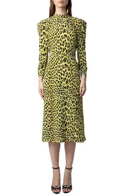 Zadig & Voltaire Racyl Leopard Print Puff Shoulder Bracelet Sleeve Silk Midi Dress in Jonquil