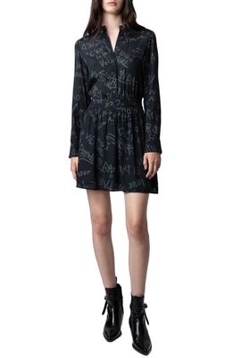 Zadig & Voltaire Refla Manifesto Print Long Sleeve Crepe Minidress in Noir