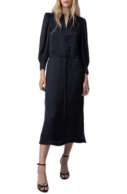 Zadig & Voltaire Relinda Gathered Long Sleeve Satin Midi Dress in Encre