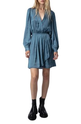 Zadig & Voltaire Remember Long Sleeve Faux Wrap Satin Minidress in Bluestone