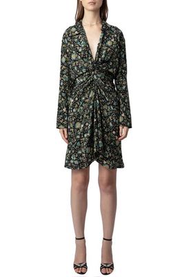 Zadig & Voltaire Rozo Floral Twist Front Long Sleeve Silk Shirtdress in Noir