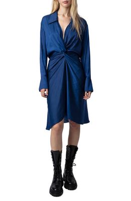 Zadig & Voltaire Rozo Gathered Long Sleeve Satin Dress in Bleu Roi