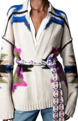 Zadig & Voltaire Southwest Intarsia Belted Cashmere & Cotton Cardigan in Mastic