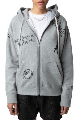 Zadig & Voltaire Spencer Manifesto Tag Cotton Blend Zip-Up Graphic Hoodie in Gris Chine