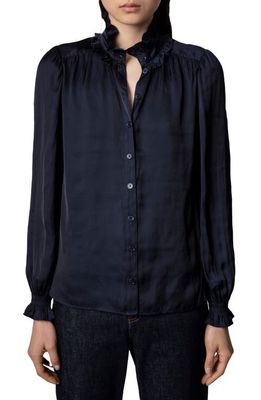 Zadig & Voltaire Tacca Satin Ruffle Button-Up Blouse in Encre
