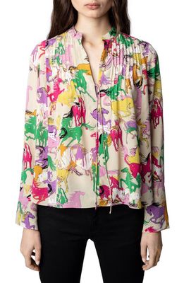 Zadig & Voltaire Taika Horse Print Bell Sleeve Silk Blouse in Mastic
